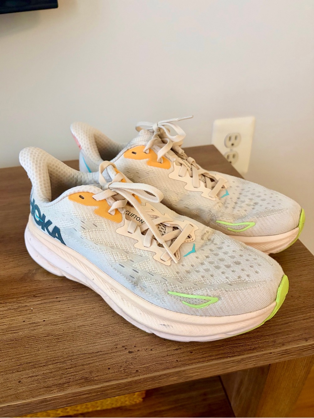 Hoka Clifton Neutral Running Sneakers in White with Yellow & Neon Green Accents